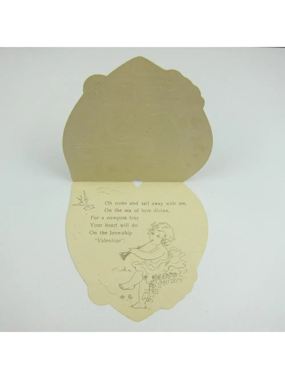 Vintage Valentine Card Die cut Boy Scooter Girl & Doll Window Red Gold UNSIGNED